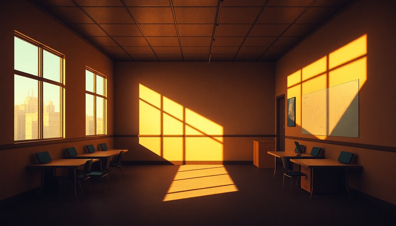 A dimly lit, nostalgic painting of an empty city planning office or public meeting space, with warm sunlight streaming through the windows and creating deep shadows across the room, conceptually representing a community gathering to discuss the future of their local development.