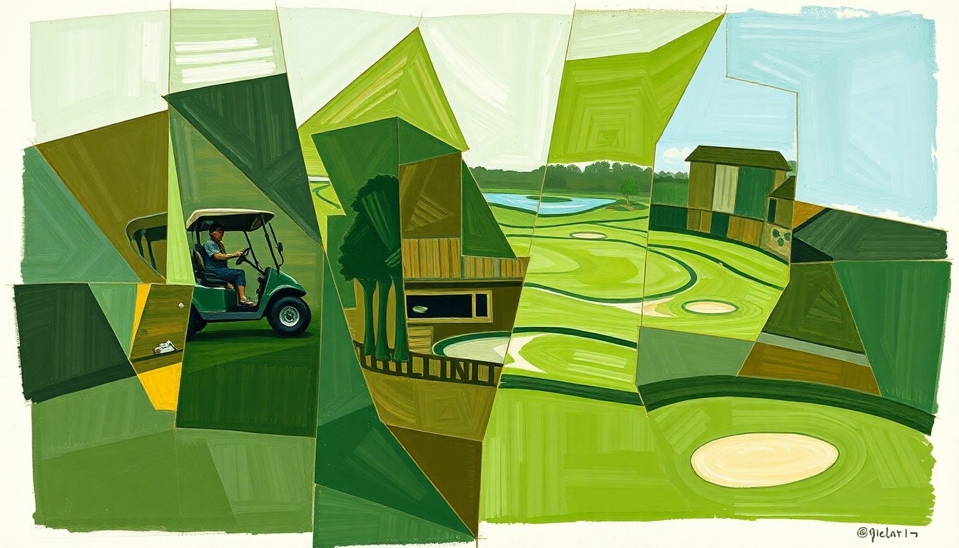 A fractured, multi-perspective painting depicting a women's golf tournament, with sharp, overlapping geometric planes in shades of green, brown, and blue, conceptually representing the competitive energy and skill of the event.