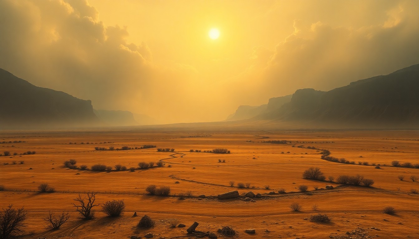 A sweeping, atmospheric landscape painting in muted earth tones, with a vast, sun-baked field stretching out under a hazy, oppressive sky, conveying the sense of scale and danger posed by the elevated fire risk.