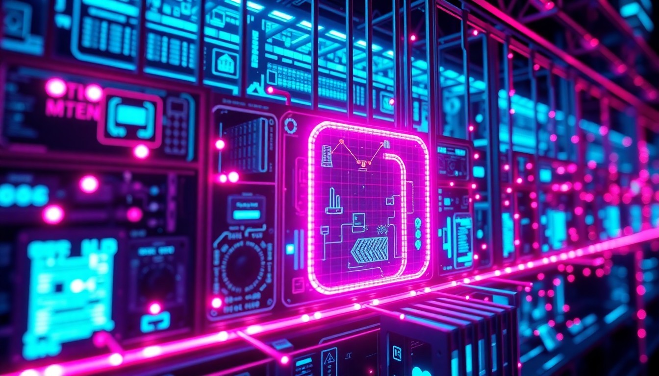A highly detailed, glowing 3D macro illustration of a futuristic cybersecurity firewall or network infrastructure, with neon cyan and magenta lights illuminating the complex digital components, conceptually representing the technological challenges of implementing effective age verification online.