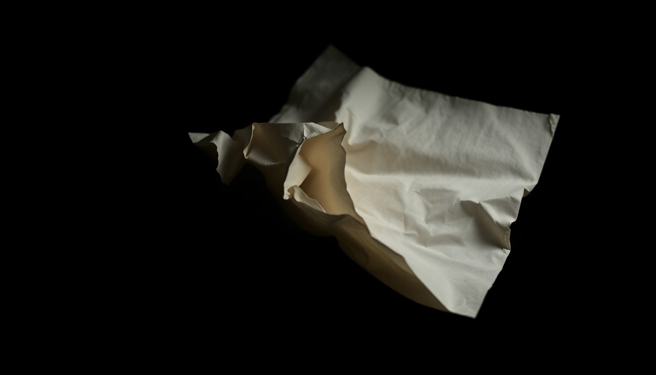 An extreme close-up of a crumpled, discarded document or file folder, lit by a harsh, direct camera flash, creating a stark, gritty, investigative aesthetic that conceptually represents the uncertainty surrounding the ComEd corruption case.