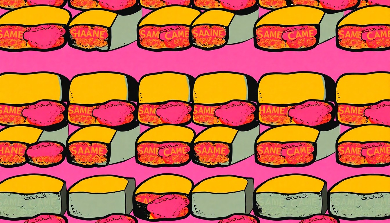 A brightly colored, high-contrast silkscreen print of a single, iconic Hawaiian spam musubi item repeated in a tight grid pattern, capturing the vibrant and playful essence of Da Local Boy's comfort food offerings.