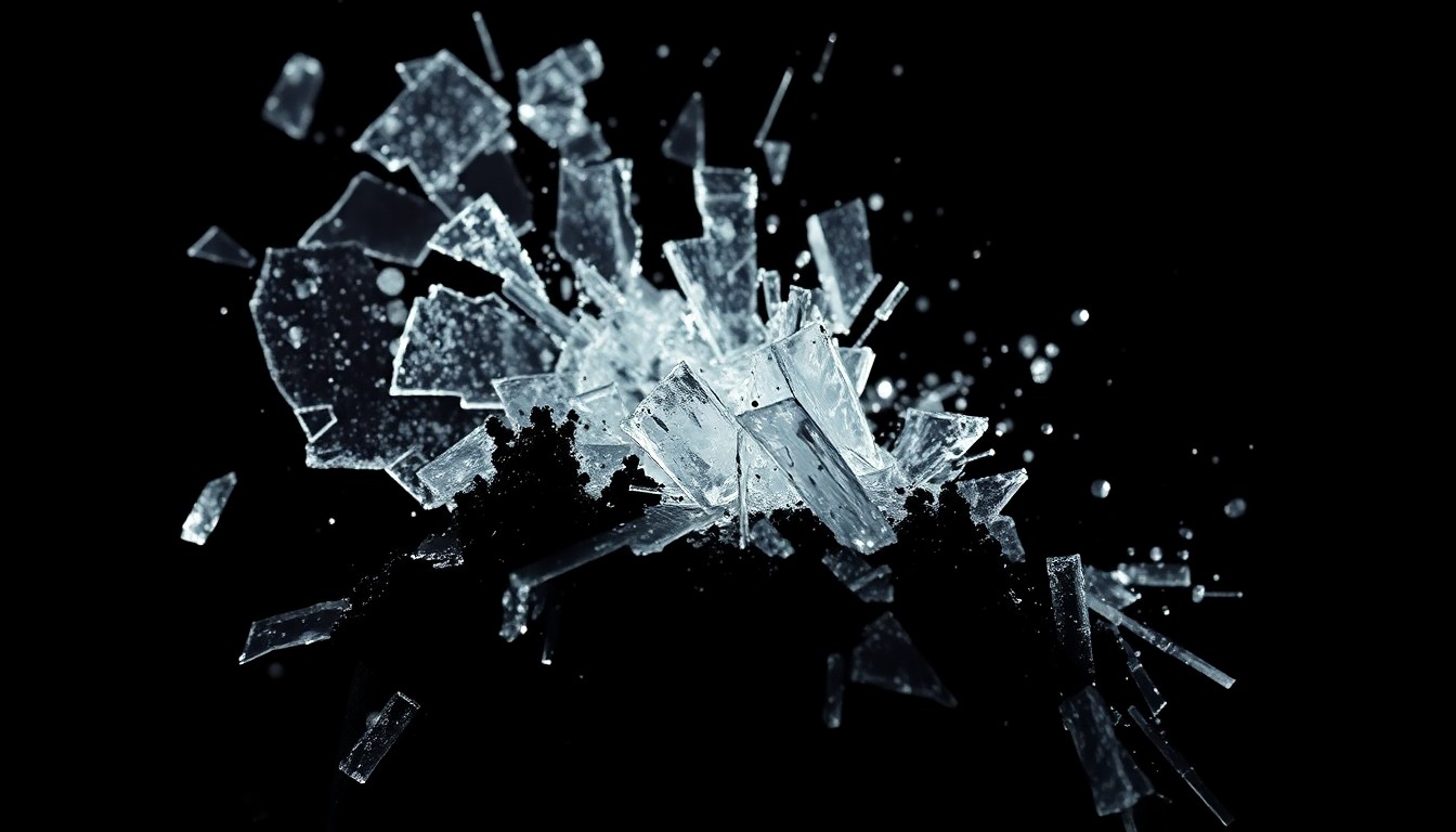 An extreme close-up photograph of shattered glass and a charred, blackened surface, conveying the aftermath of an attempted arson attack on a synagogue through a stark, gritty, investigative aesthetic.