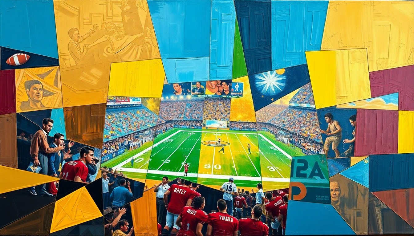 A fractured, multi-perspective painting in the cubist style, breaking down a football scene into sharp, overlapping geometric planes of steel blue, gold, and burgundy, capturing the dynamic energy of the NFL draft.