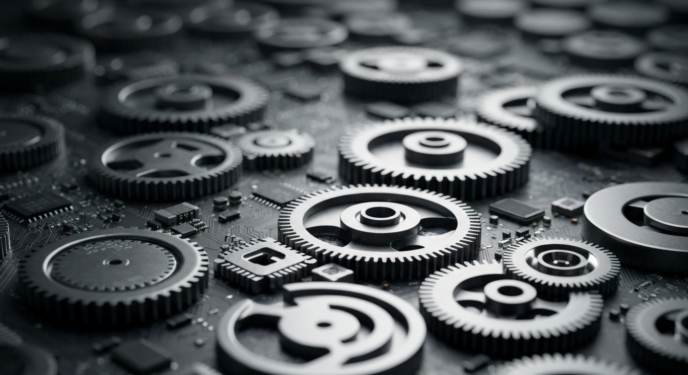 A close-up image of the intricate inner workings of a stock trading terminal, with gears, circuits, and metallic components filling the frame in a cinematic, high-contrast style. The image conveys the complex, high-stakes machinery of financial markets without using any text or identifiable branding.