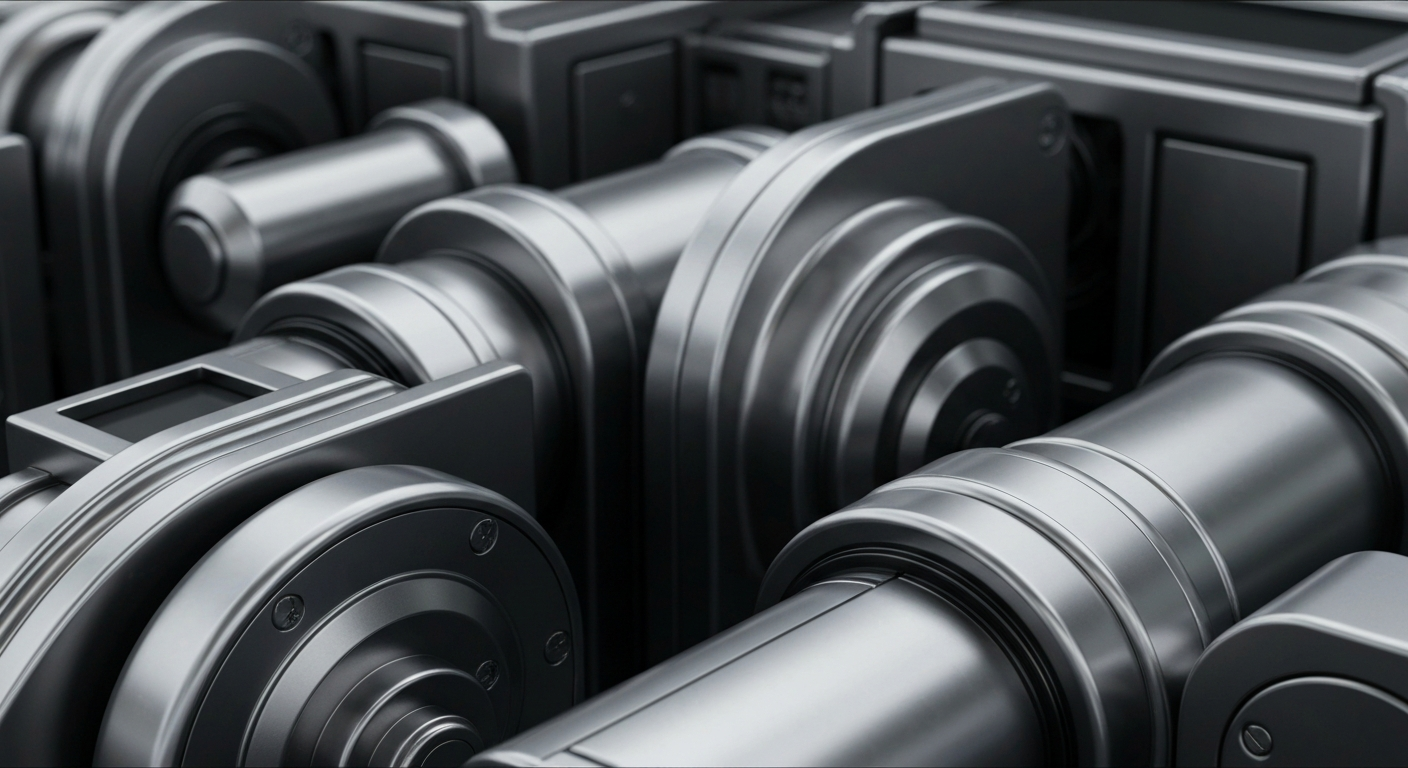 An extreme close-up of gleaming, industrial banking equipment and machinery, representing the secure, institutional nature of commercial real estate finance.