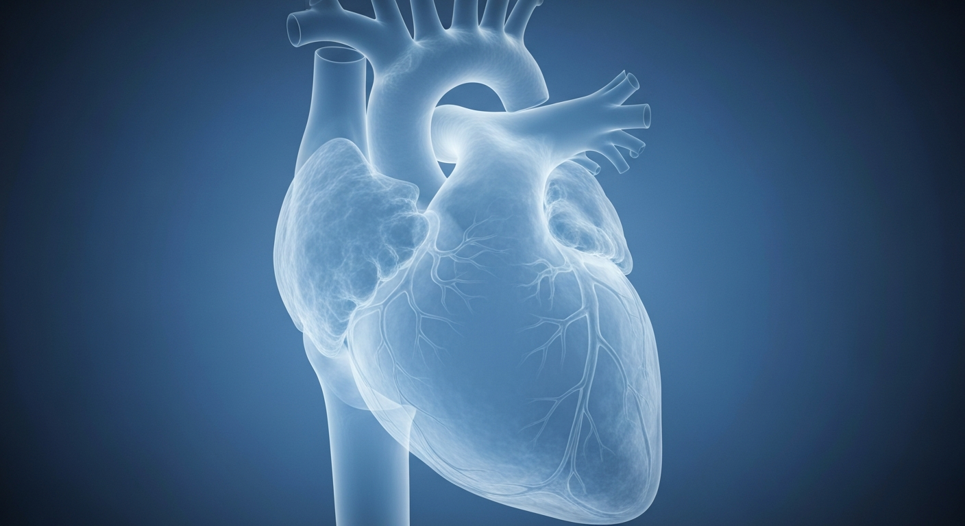 A translucent, ghostly X-ray image of a human heart, rendered in shades of blue and grey. The heart appears fragile and strained, symbolizing the precarious state of the medical industry.
