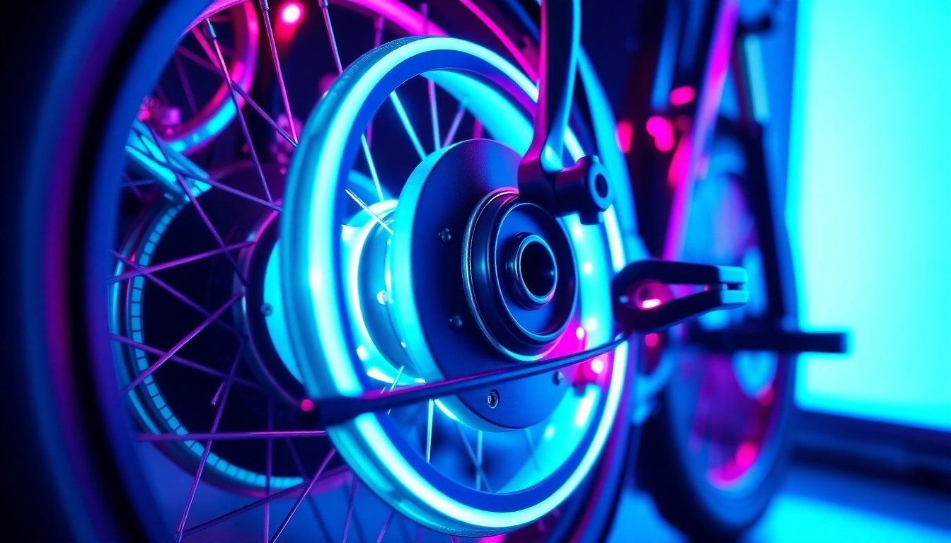 An extreme close-up of a glowing, futuristic electric bike motor and drivetrain components, conceptually illustrating the high-powered nature of illegal e-motos that are undermining the legitimate e-bike market.