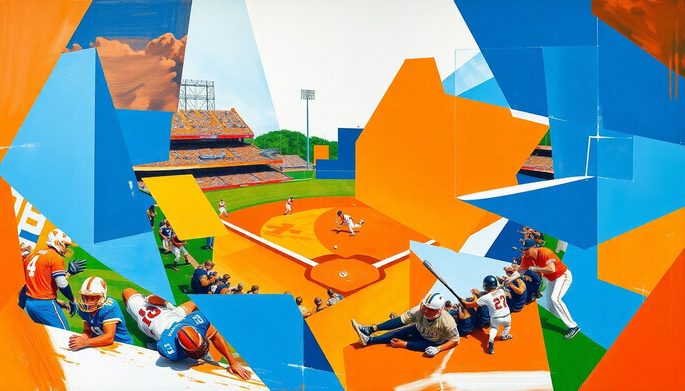 A fractured, geometric painting in vibrant orange, blue, and white hues, capturing the intensity of the Tennessee-Vanderbilt rivalry through a deconstructed, multi-angled perspective of a softball game.