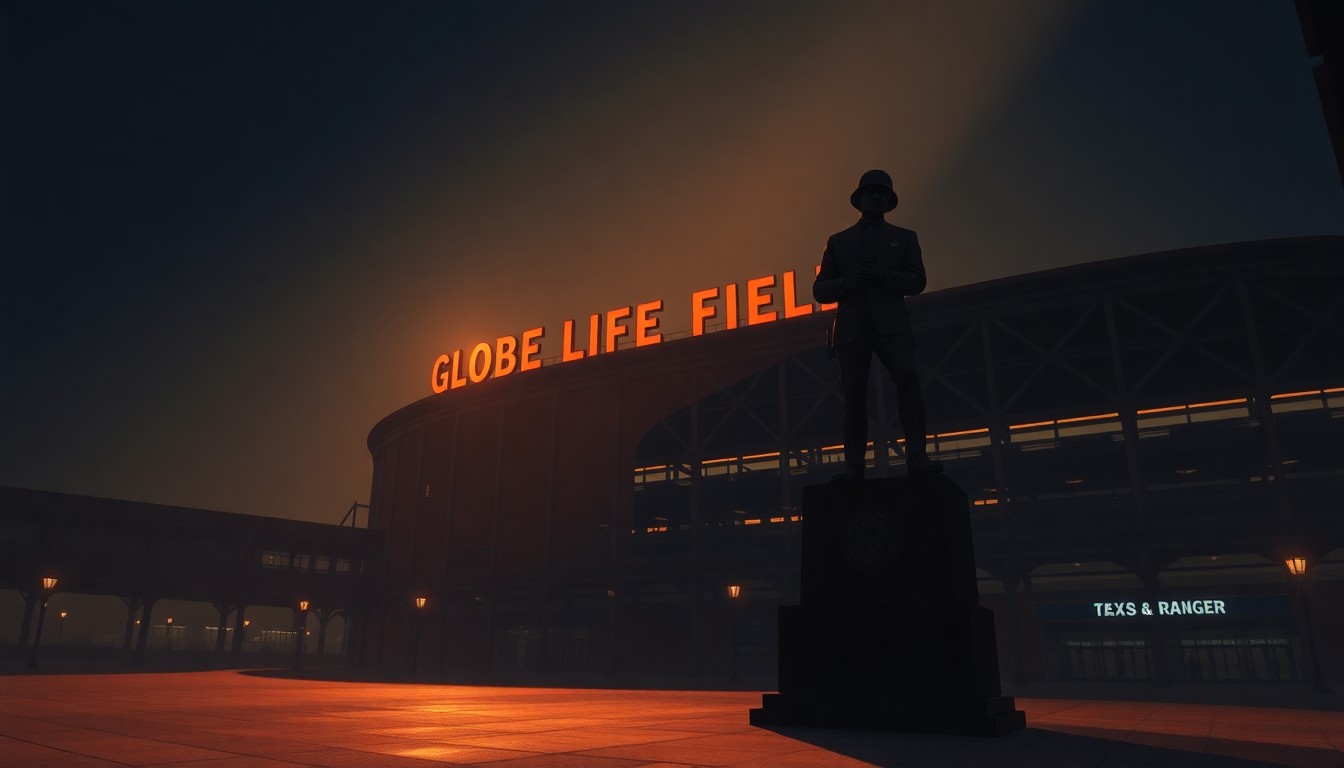 A photorealistic painting of the Texas Ranger statue at Globe Life Field, depicted in a warm, cinematic style with dramatic lighting and shadows, conveying a sense of nostalgia and unease about the monument's symbolic meaning.