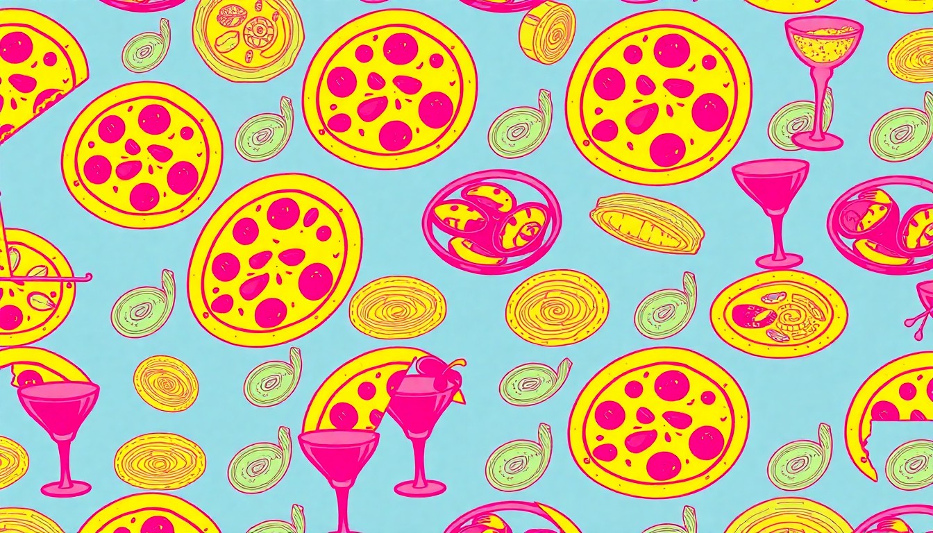 A high-contrast silkscreen print in neon colors depicting a repeated grid pattern of an iconic Mediterranean food item such as a pizza or seafood dish, conceptually representing Cala's expansion and the restaurant's modern, pop art-inspired aesthetic.