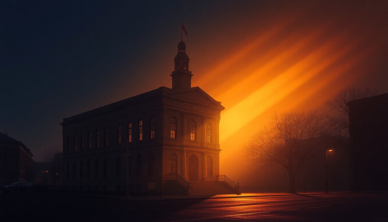 A photorealistic painting of Providence City Hall, a stately government building with classical architecture, bathed in warm golden light and deep shadows, conveying a sense of civic duty and community concern.