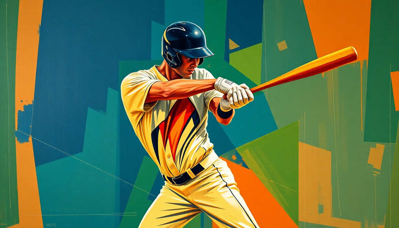 A cubist-style painting depicting a baseball player's batting motion broken down into sharp, overlapping geometric shapes in a vibrant color palette, conveying the complexity and dynamism of the young star's rise.