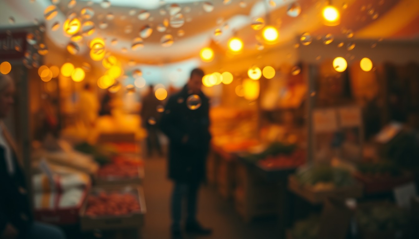An abstract, impressionistic photograph showing a blurred, hazy scene of a farmers market, with soft pools of warm light and color, conveying a sense of atmospheric tension and uncertainty.