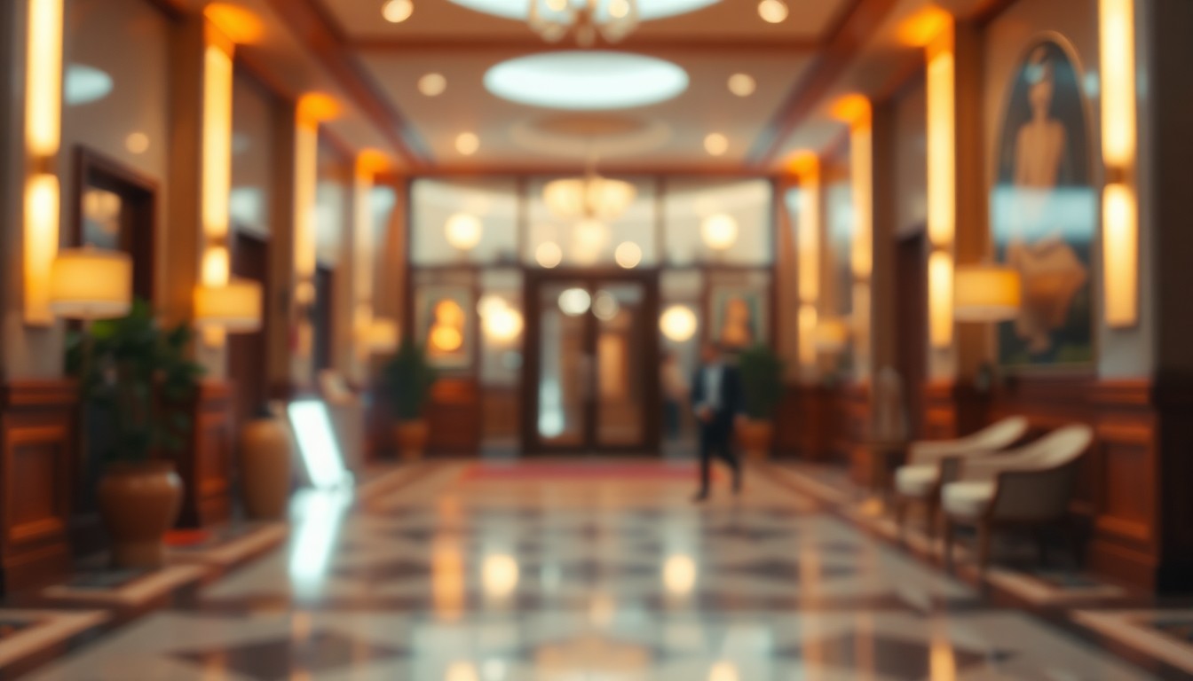 An extremely abstracted, out-of-focus photograph of a hotel lobby or entrance, with warm pools of light and color creating a soft, dreamlike atmosphere that evokes a sense of transience and impermanence.