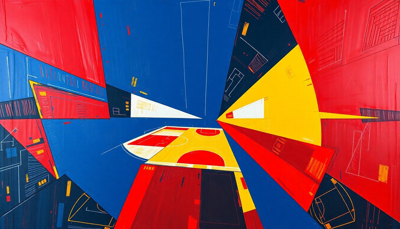 A fractured, multi-perspective painting in vibrant colors of navy, crimson, and gold, breaking down a basketball game or match into sharp, overlapping geometric planes to conceptually represent the Dallas Mavericks' efforts to build a championship-level team.