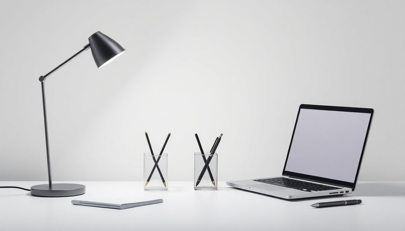 A minimalist studio still life featuring a sleek desk lamp, a modern pen holder, and a minimalist laptop on a clean, monochromatic background, conceptually representing the abstract ideas of corporate strategy, finance, and design.