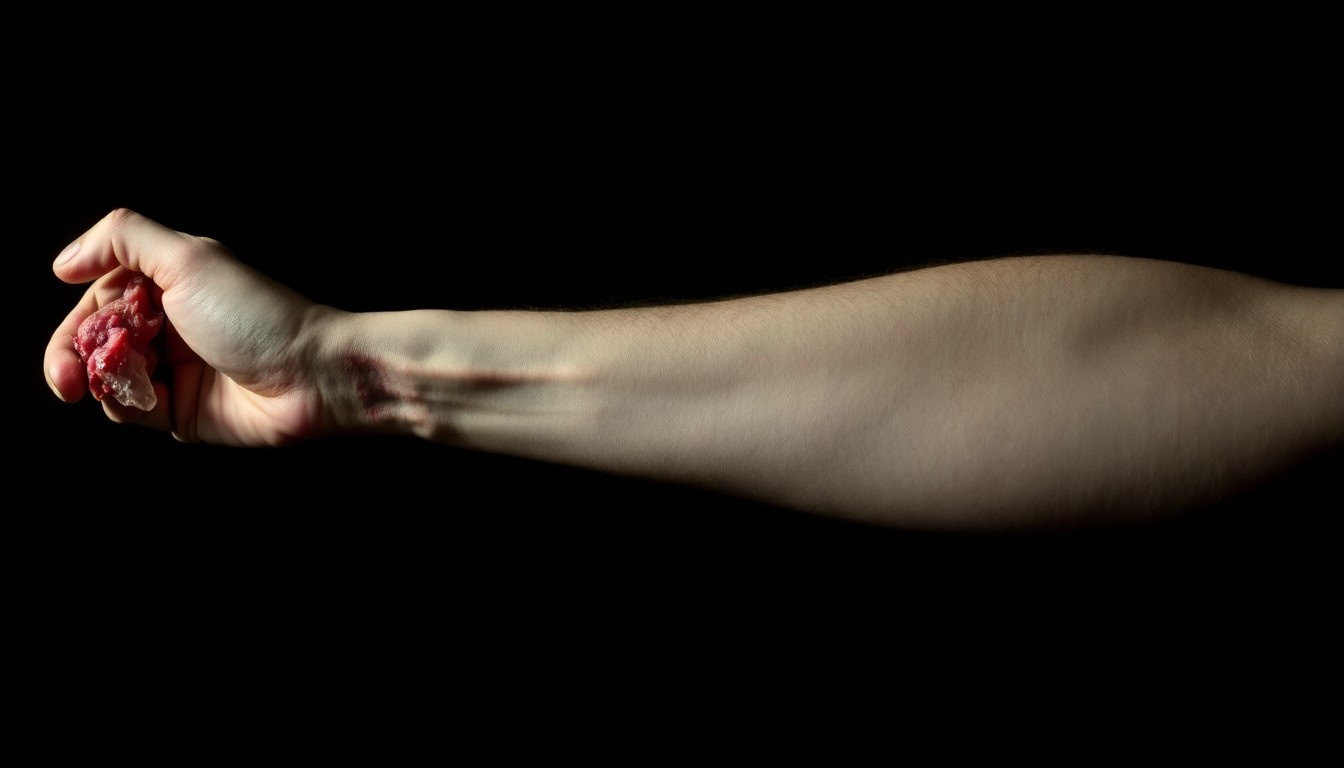 An extreme close-up photograph of a partially amputated arm, lit by a harsh, direct camera flash against a pitch-black background, conveying the gritty, investigative nature of this tragic domestic violence case.