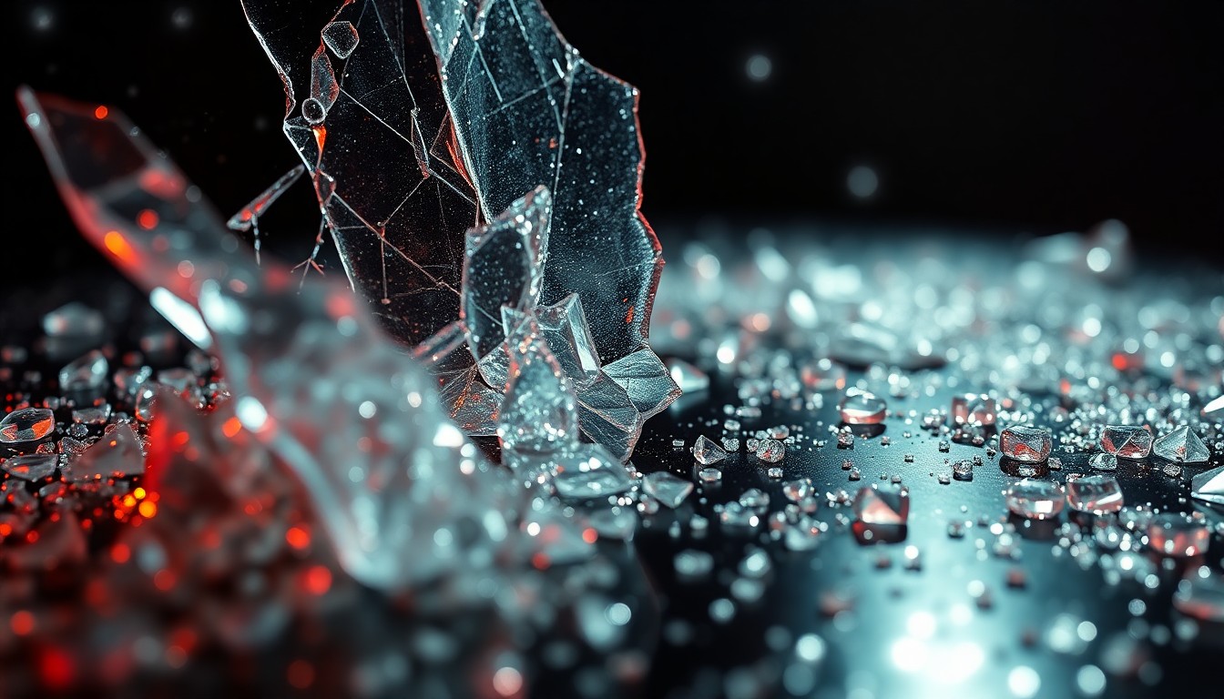 An extreme close-up of shattered glass and glittering sequins in high-contrast studio lighting, conceptually representing the hidden darkness and unsettling glamour of underrated horror masterpieces.