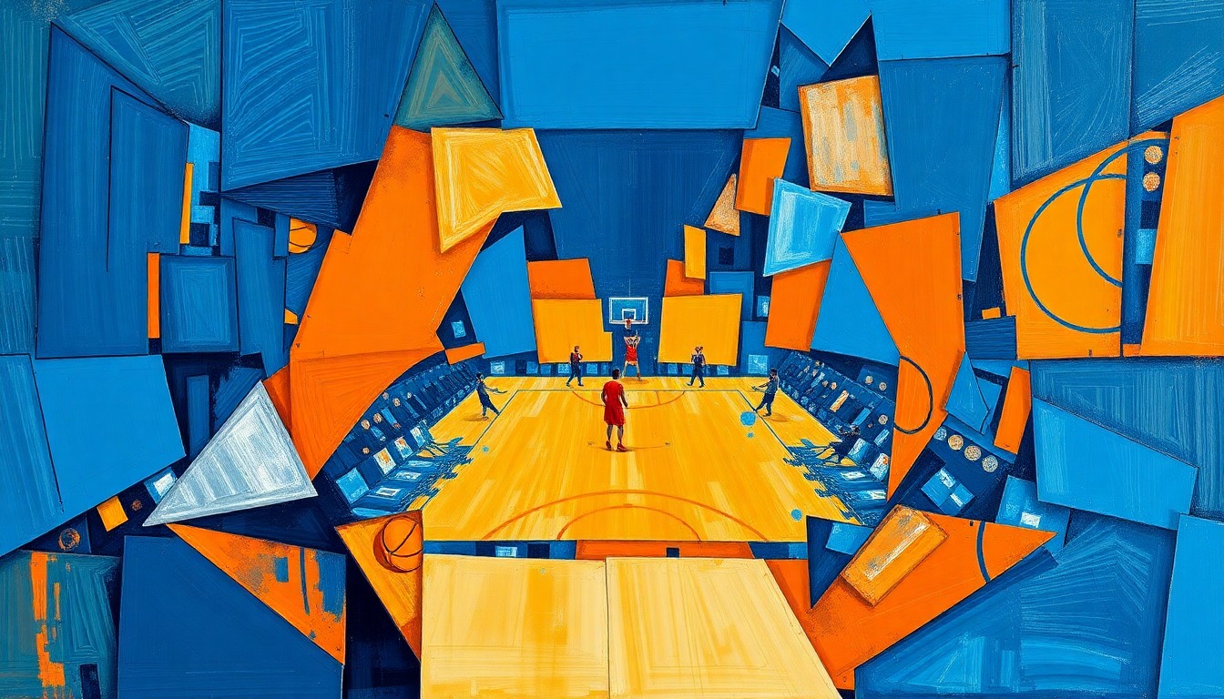 A fractured, geometric painting in shades of blue, orange, and silver, capturing the dynamic movement and competing perspectives of a basketball game.