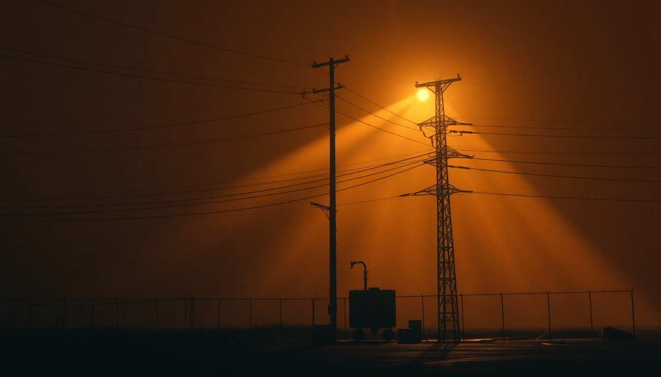 A serene, photorealistic painting of a lone power line pole or electrical substation, its metallic structure and insulators casting long shadows across a sun-dappled urban landscape, conveying a sense of civic responsibility and the gravity of municipal choices.