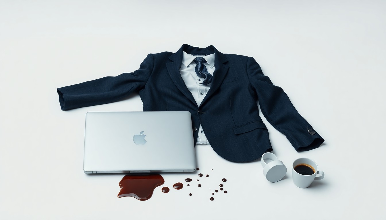 A photorealistic studio still life featuring a crumpled business suit jacket, a broken laptop, and a spilled cup of coffee, symbolizing the emotional and professional toll of workplace harassment.