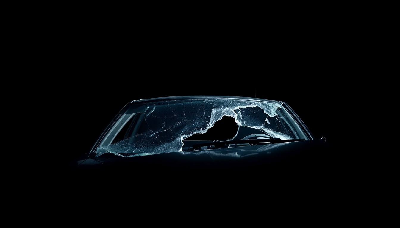 An extreme close-up photograph of a car's shattered windshield and crumpled metal frame, lit by a harsh, direct camera flash against a pitch-black background, conceptually illustrating the tragedy of a vehicle entering a canal.