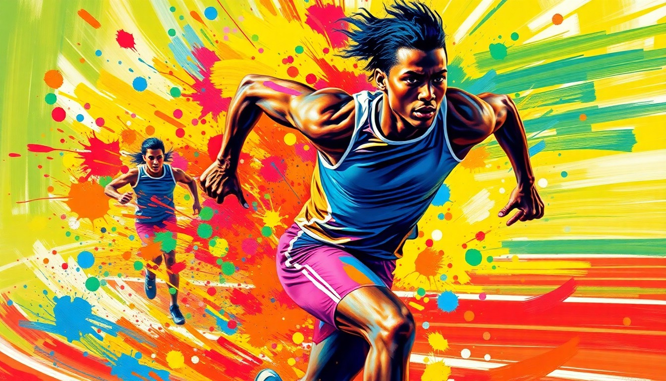 An abstract expressionist painting in vibrant neon colors, capturing the explosive speed and raw athletic energy of a high school sprinter mid-race, with their form dissolving into a blur of movement.
