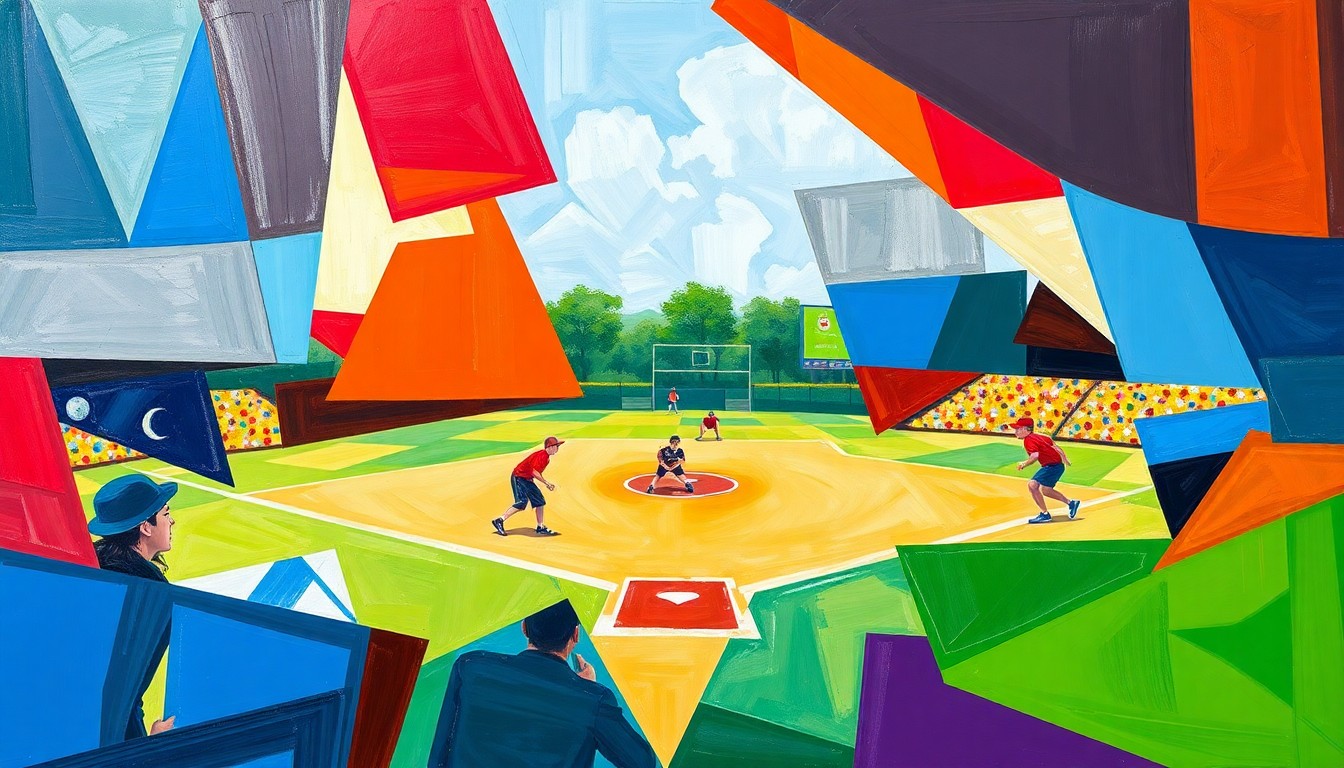 A cubist-style painting depicting a high school softball game, with the players and field broken down into overlapping geometric shapes and planes in vibrant colors, capturing the energy and competition of the playoff matchups.