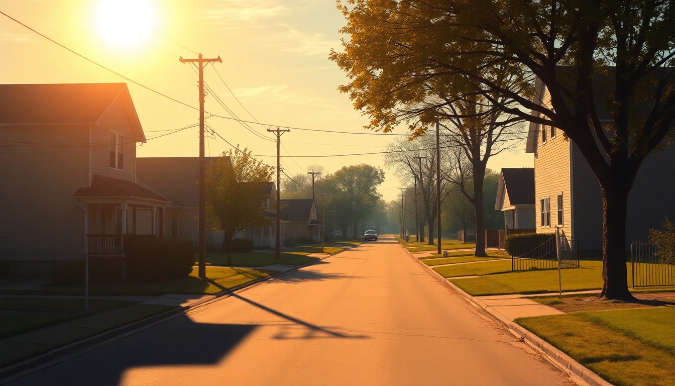 A serene, cinematic painting of a residential street in Council Bluffs, Iowa, with warm sunlight and deep shadows creating a contemplative mood that reflects the community's grappling with the impact of rising property taxes.