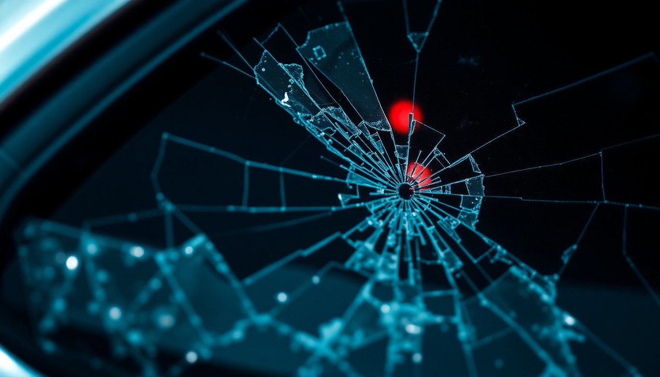An extreme close-up of shattered car window glass reflecting a faint red light, conveying the stark, gritty aftermath of a violent incident.