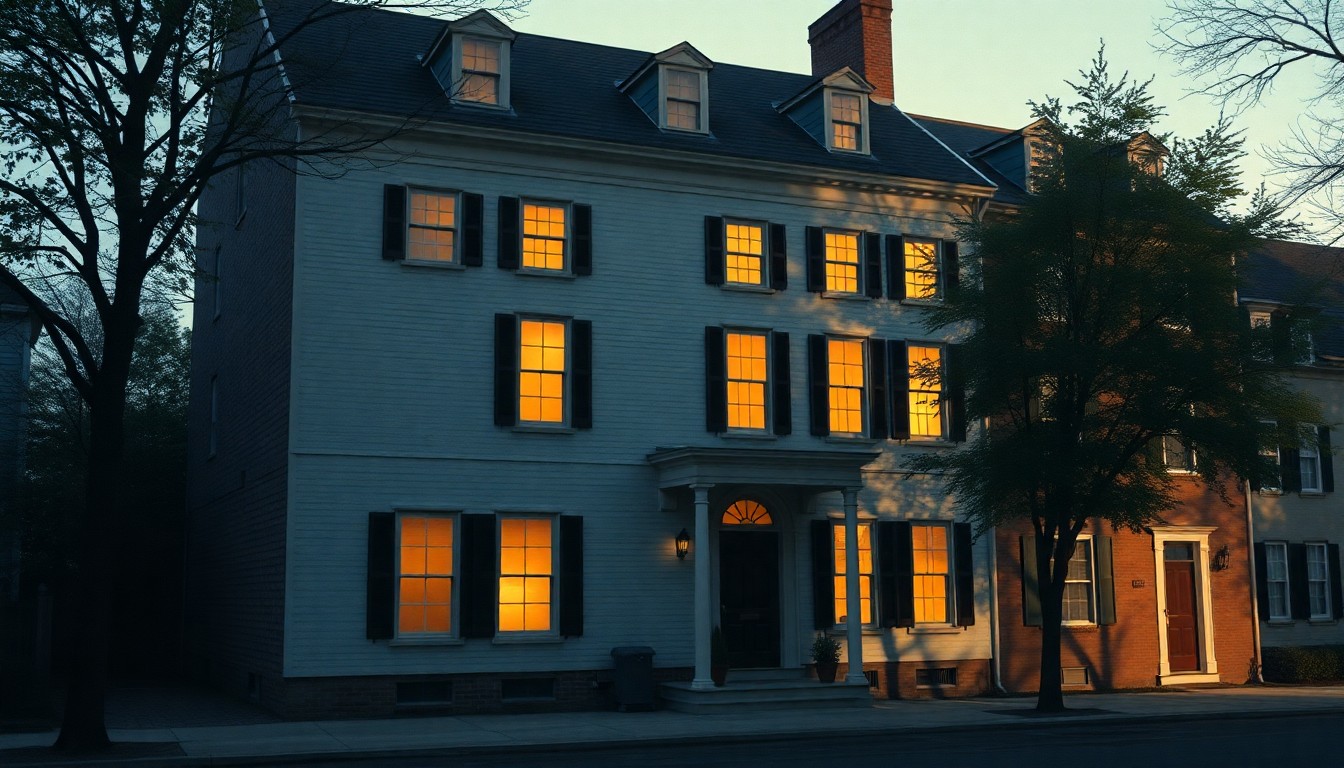 A quiet, cinematic painting of the restored exterior of a large stone house, bathed in warm, diagonal sunlight and deep shadows, conceptually representing the historic significance of Frederick Muhlenberg's home.