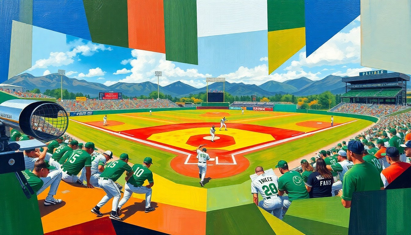 A cubist, geometric painting depicting a high school baseball game, with sharp, overlapping planes of green, white, and black colors representing the Columbia Falls Wildcats' uniforms.