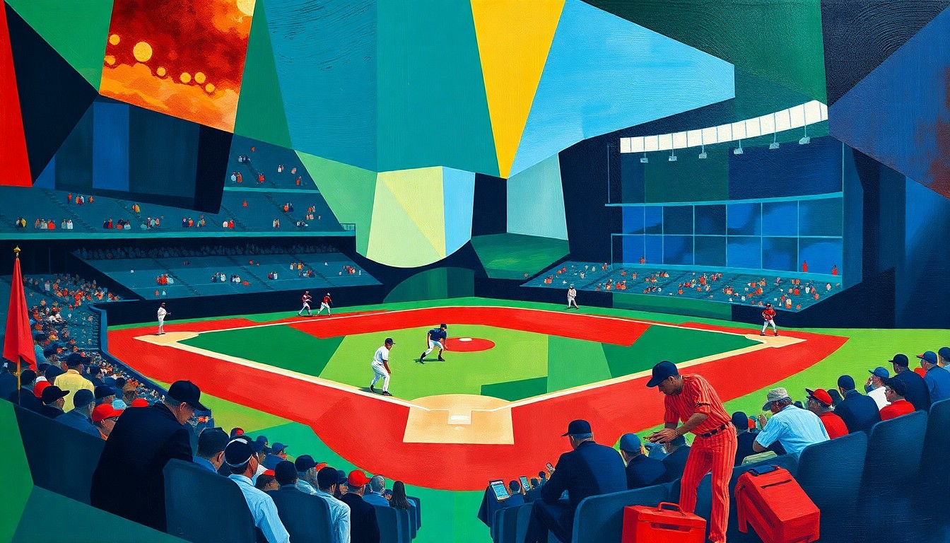 A fractured, multi-perspective painting featuring abstracted, angular shapes in navy blue, emerald green, and crimson red, representing the players and field of a baseball game in a dynamic, cubist style.