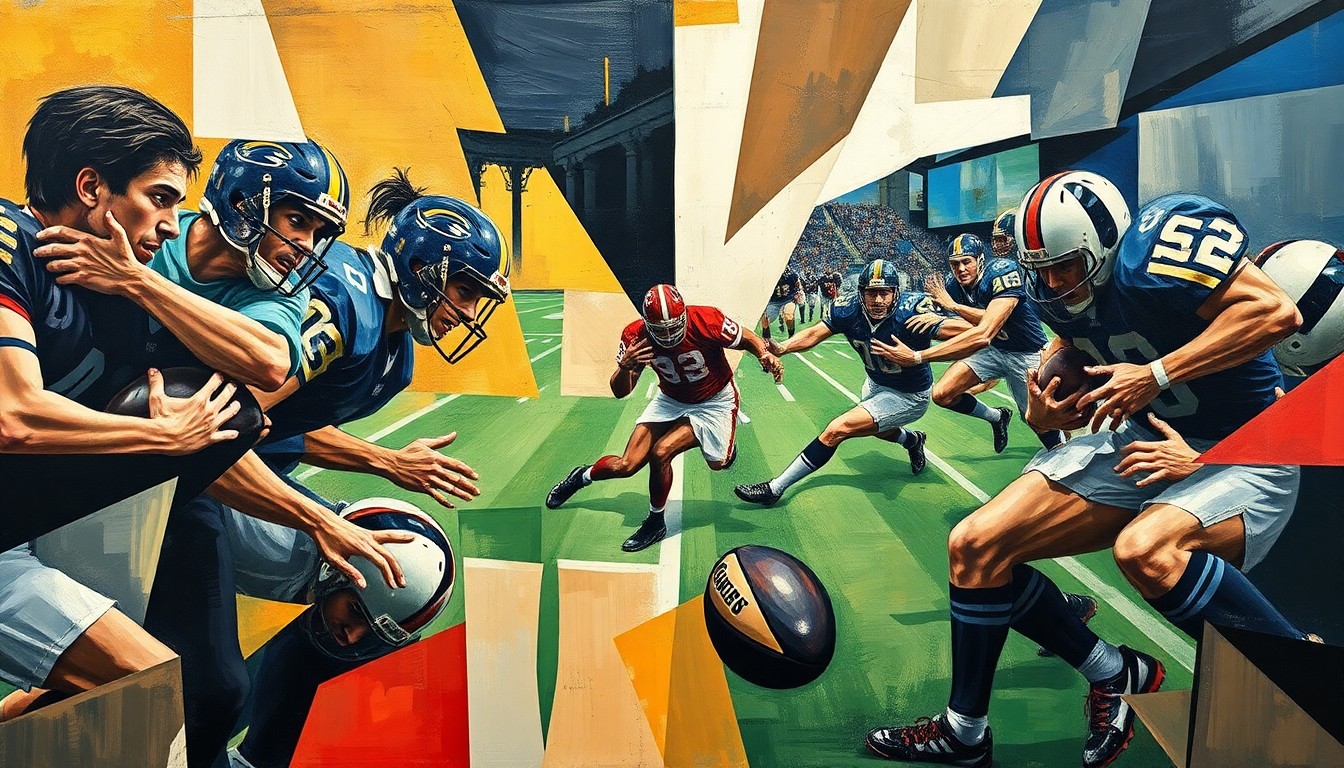 A cubist, geometric painting depicting the dynamic energy of rugby and football players, their faces and uniforms abstracted into unrecognizable shapes, representing the disconnect between athletes in different sports.