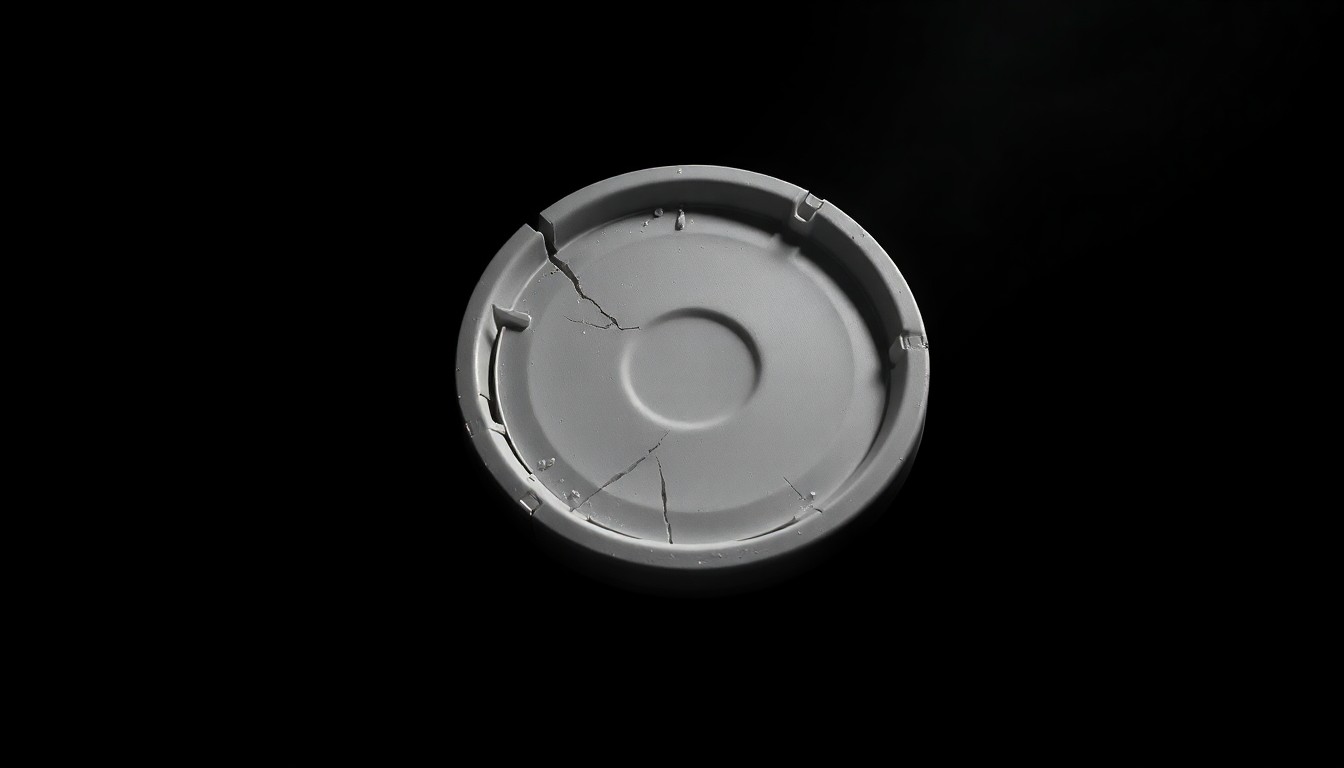 An extreme close-up photograph of a shattered plastic cooler lid against a pitch-black background, creating a stark, gritty, investigative aesthetic.