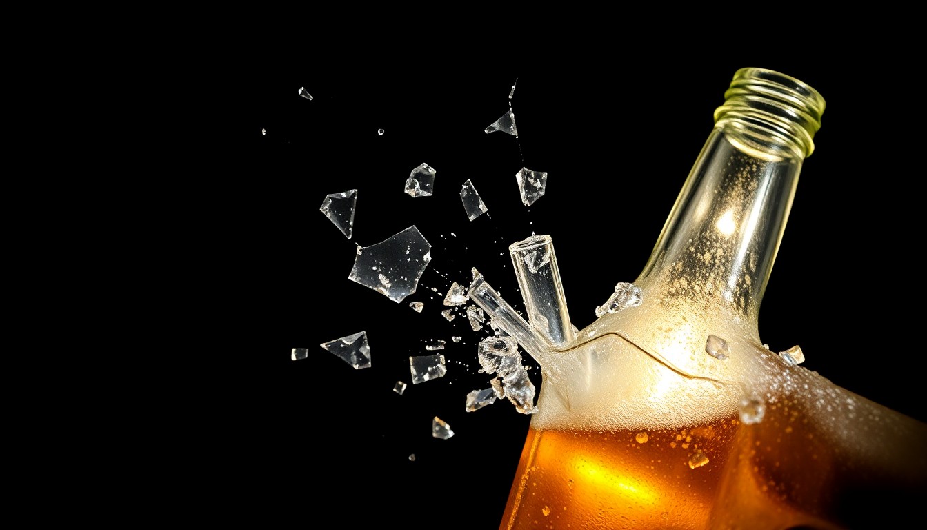 An extreme close-up photograph of a shattered glass beer bottle, the jagged edges and textured surface dramatically illuminated by a harsh, direct camera flash against a pitch-black background, conceptually representing the violence of the reported assault.