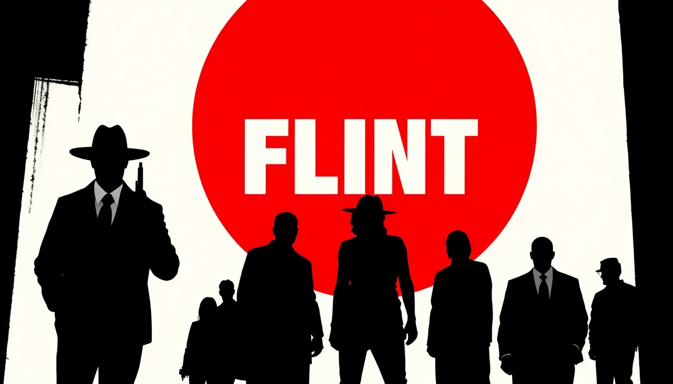 An abstract composition of jagged black silhouettes and bold splashes of red and white, conveying the dramatic tension and gritty tone of the new TV crime series 'Flint.'
