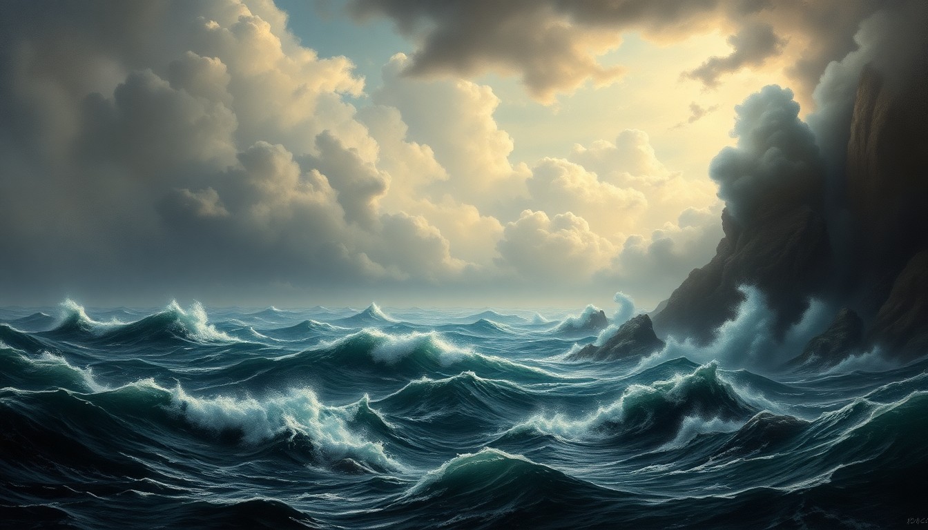 A sweeping, atmospheric landscape painting in muted blues and grays, capturing the overwhelming, sublime power of a stormy ocean scene with crashing waves and ominous clouds.