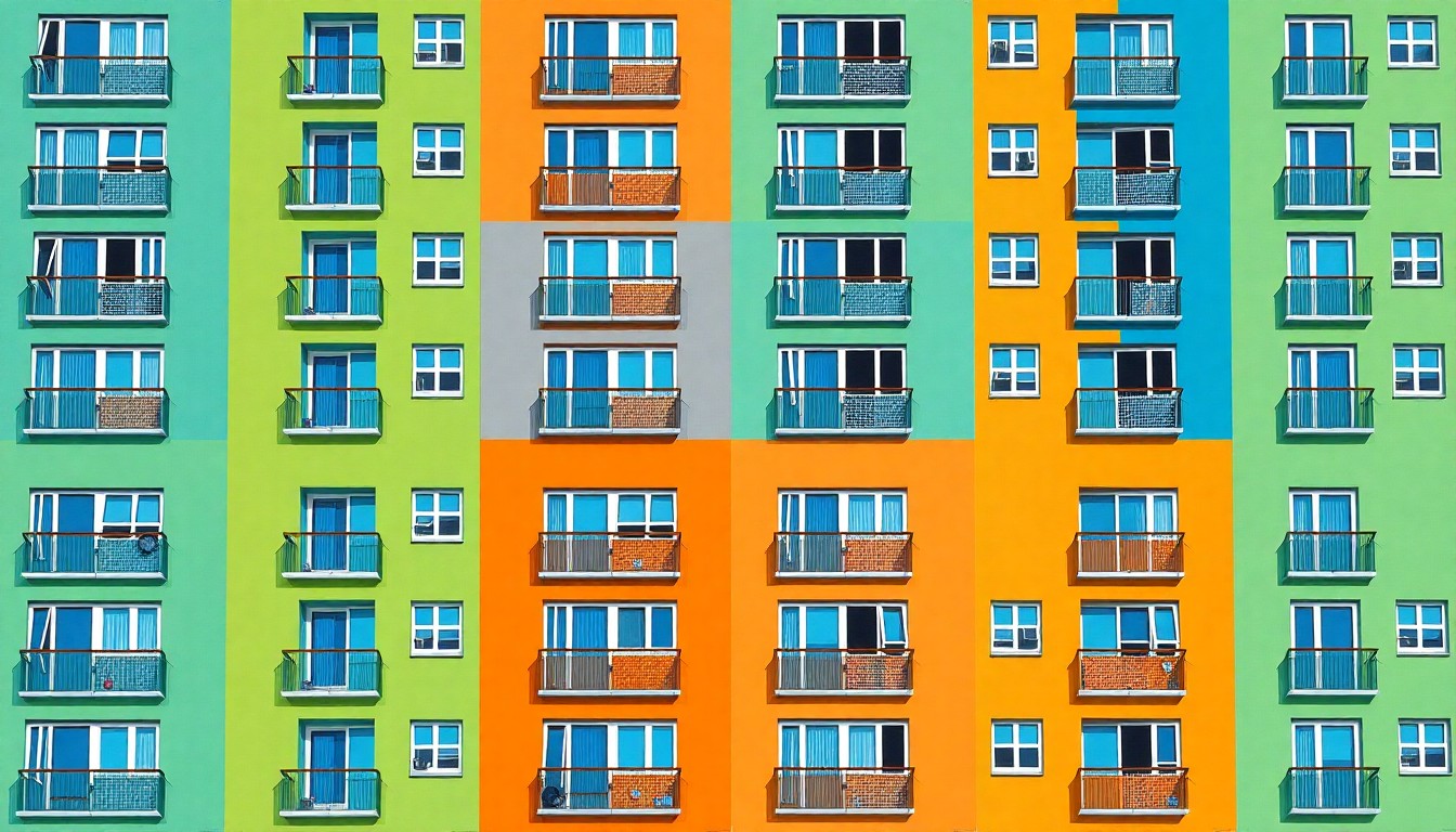 A bold, colorful silkscreen print featuring a repeating pattern of a modern apartment building facade in shades of blue, green, and orange, conceptually representing the energy and community of a new affordable housing complex.