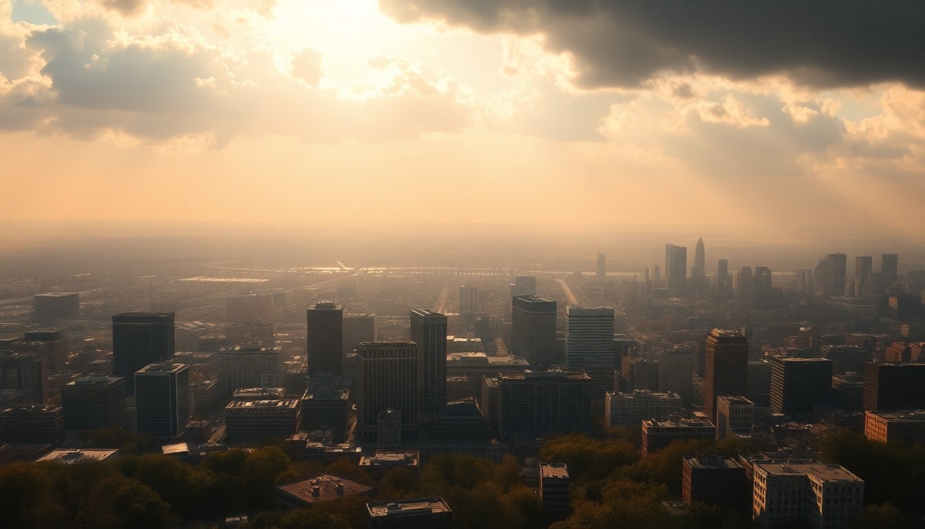A sweeping, atmospheric landscape painting in muted tones of gray, blue, and gold, depicting the Baltimore skyline in the distance, partially obscured by hazy, dramatic clouds and light. The scene conveys a sense of the city's vulnerability in the face of extreme weather conditions.