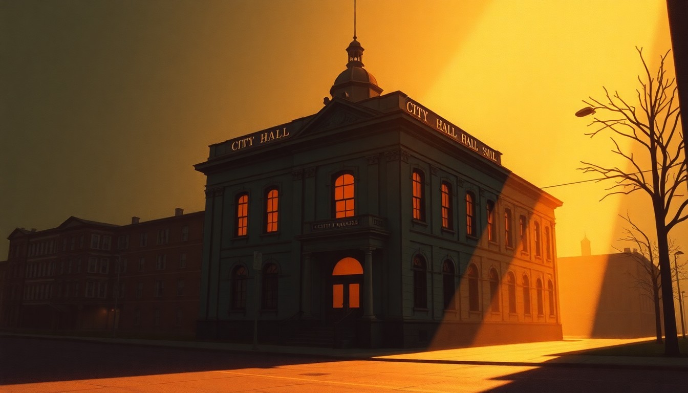 A serene, nostalgic painting of a municipal building in warm tones, capturing the quiet civic energy of a small Midwestern town.