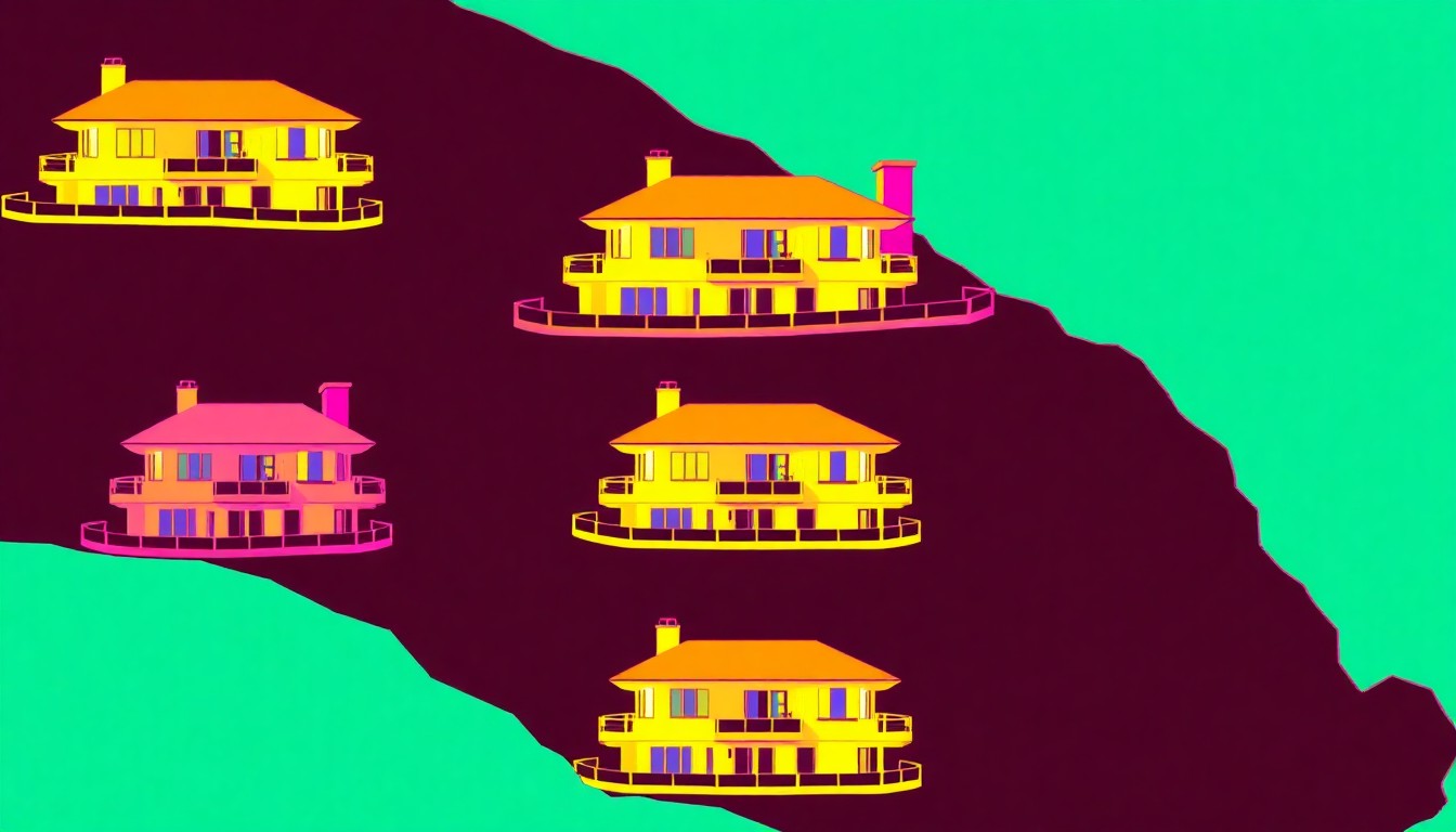 A brightly colored, high-contrast silkscreen print of a single, iconic coastal home repeated in a tight grid pattern, utilizing flat, vibrant, and unnatural neon color palettes overlapping with heavy black photographic outlines to conceptually represent the challenges of bluffside development in a coastal community.