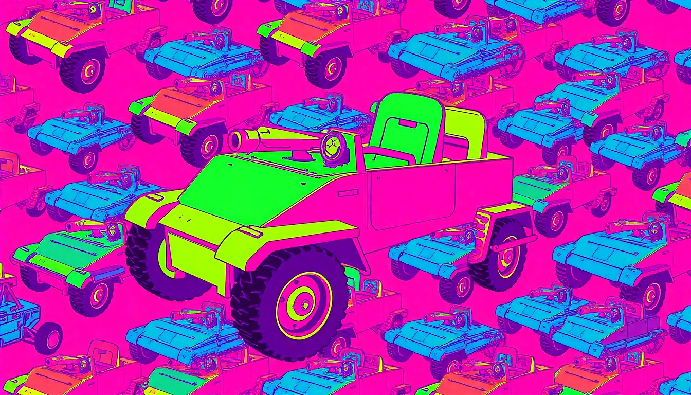 A brightly colored, high-contrast silkscreen print of a military-themed playground rocket ship, repeated in a tight grid pattern in the style of Andy Warhol, conceptually representing the community's efforts to create a fun, engaging space that pays tribute to those who have served.