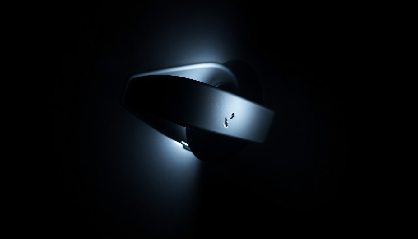 An extreme close-up of a damaged police car door handle, reflecting the gritty aftermath of a high-speed chase that resulted in a collision.