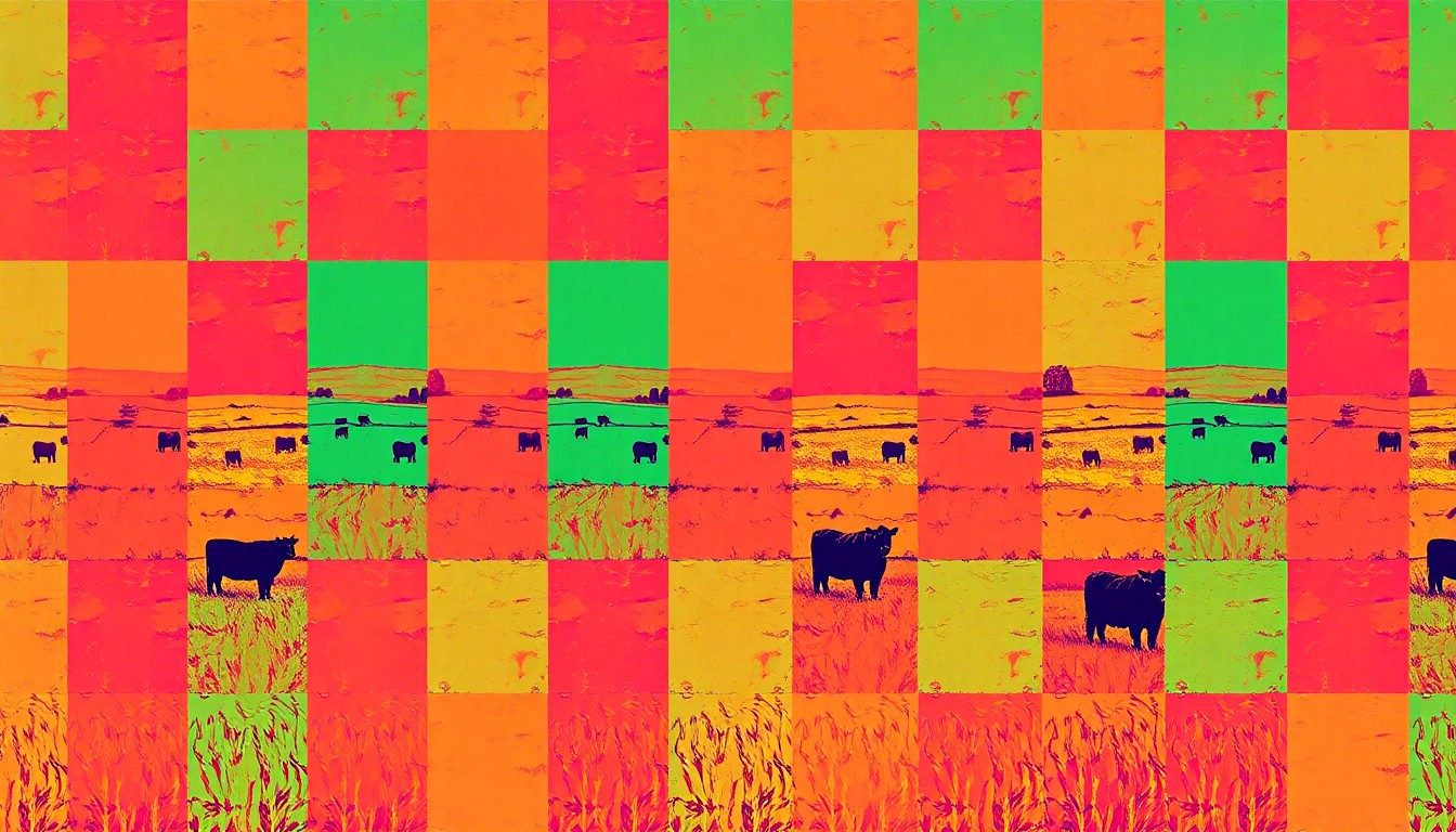 A high-contrast, brightly colored silkscreen print of an iconic Oklahoma landscape or farm object, such as a wheat field or tractor, repeated in a tight grid pattern with bold black outlines, conceptually representing the state's support for rural community programs.