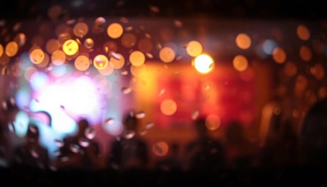 An abstract, impressionistic photograph composed of blurred, warm-toned shapes and pools of light, conceptually representing the intimate, creative atmosphere of a literary open mic event.