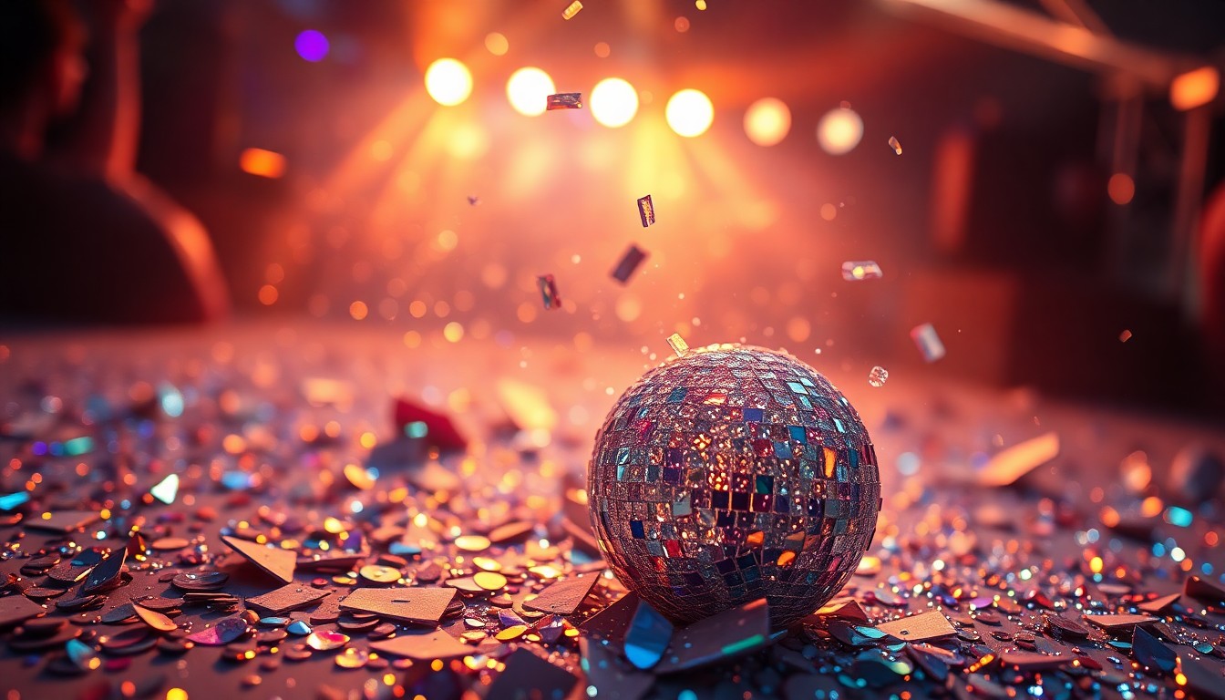 An abstract close-up photograph of shimmering sequins and shattered glass, capturing the high-energy glamour and excitement of a music festival backstage.