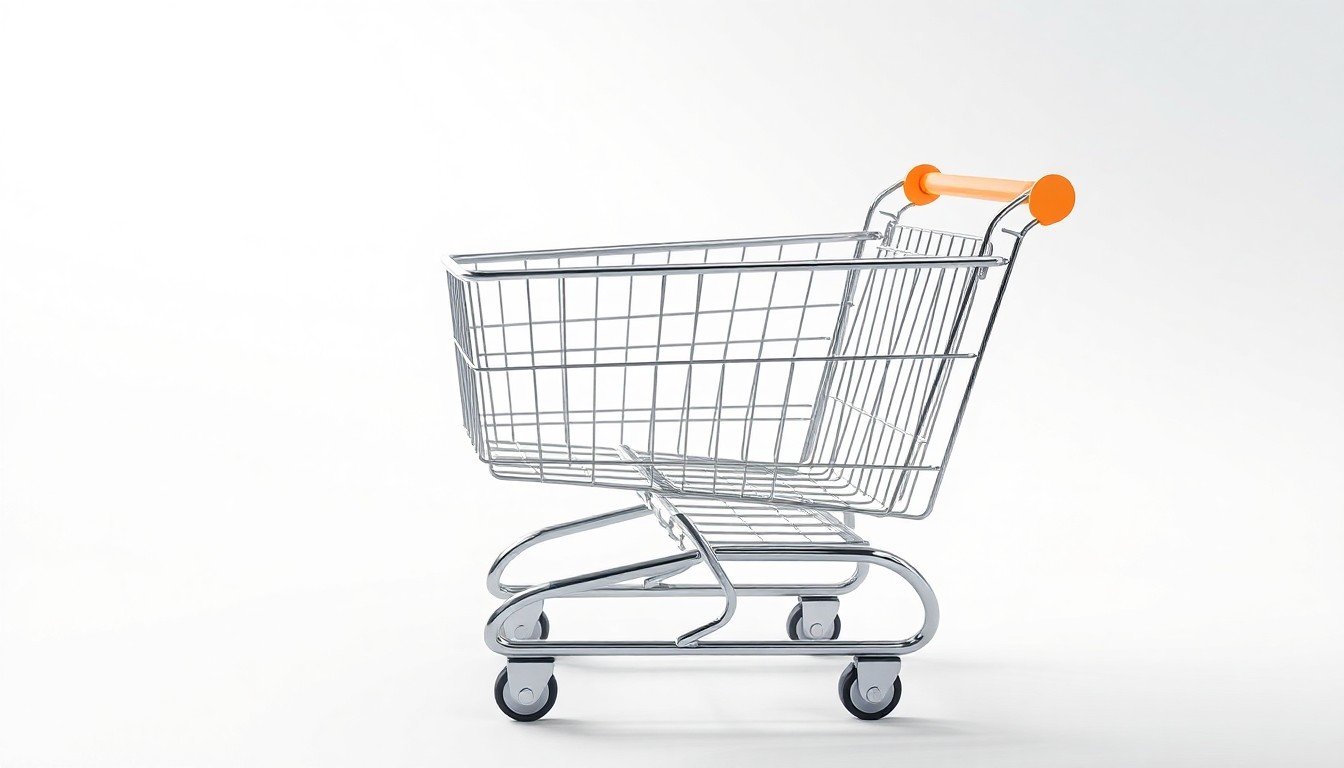 A highly polished, chrome and glass shopping cart floating on a clean white background, symbolizing the evolving retail industry and the need for shopping centers to adapt.