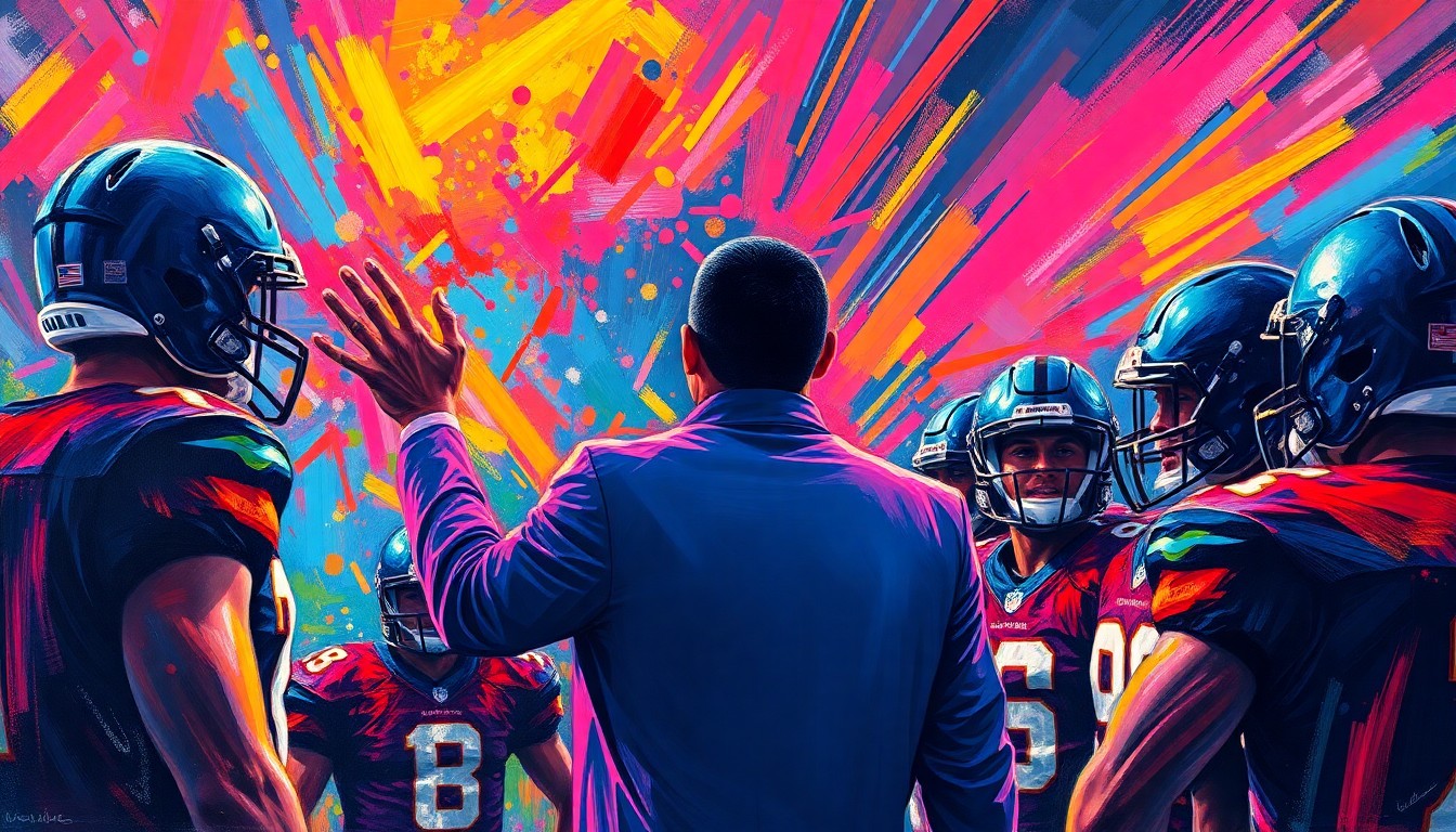 An abstract expressionist painting in neon colors, with rapid brushstrokes capturing the energy and emotion of a speaker addressing a group of football players. The image conveys the inspirational and motivational nature of the speech without depicting any specific individuals or details.